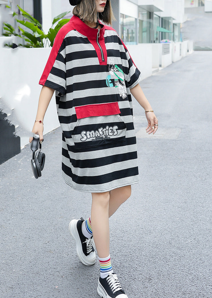 Women Green Stand Collar Striped Patchwork Cotton Mid Dress Summer