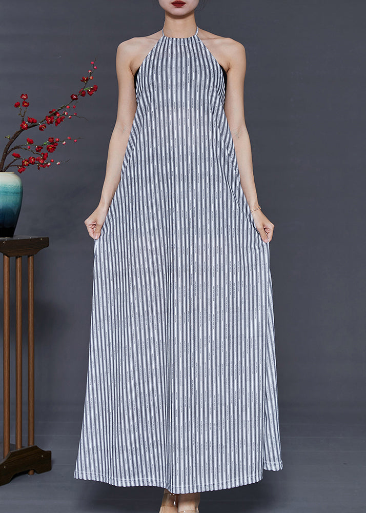 Women Grey Striped Backless Cotton Beach Dress Summer