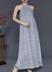 Women Grey Striped Backless Cotton Beach Dress Summer