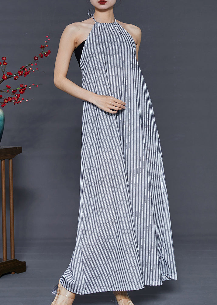 Women Grey Striped Backless Cotton Beach Dress Summer