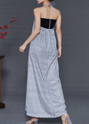 Women Grey Striped Backless Cotton Beach Dress Summer