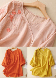 Women Light Pink Embroideried Side Open Linen Tops Spring