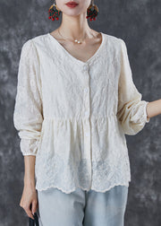 Women Milk White V Neck Embroidered Cotton Shirt Summer