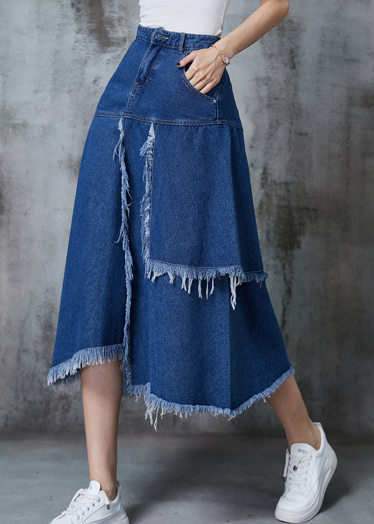 Women Navy Asymmetrical Patchwork Denim Skirt Summer