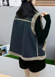 Women Navy Button Pockets Patchwork Thick Denim Waistcoat Sleeveless