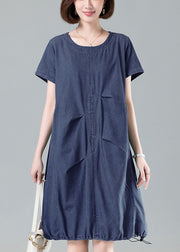 Women Navy Ruffled Drawstring Denim Dresses Summer