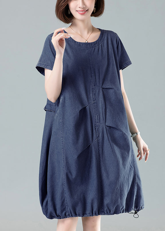 Women Navy Ruffled Drawstring Denim Dresses Summer