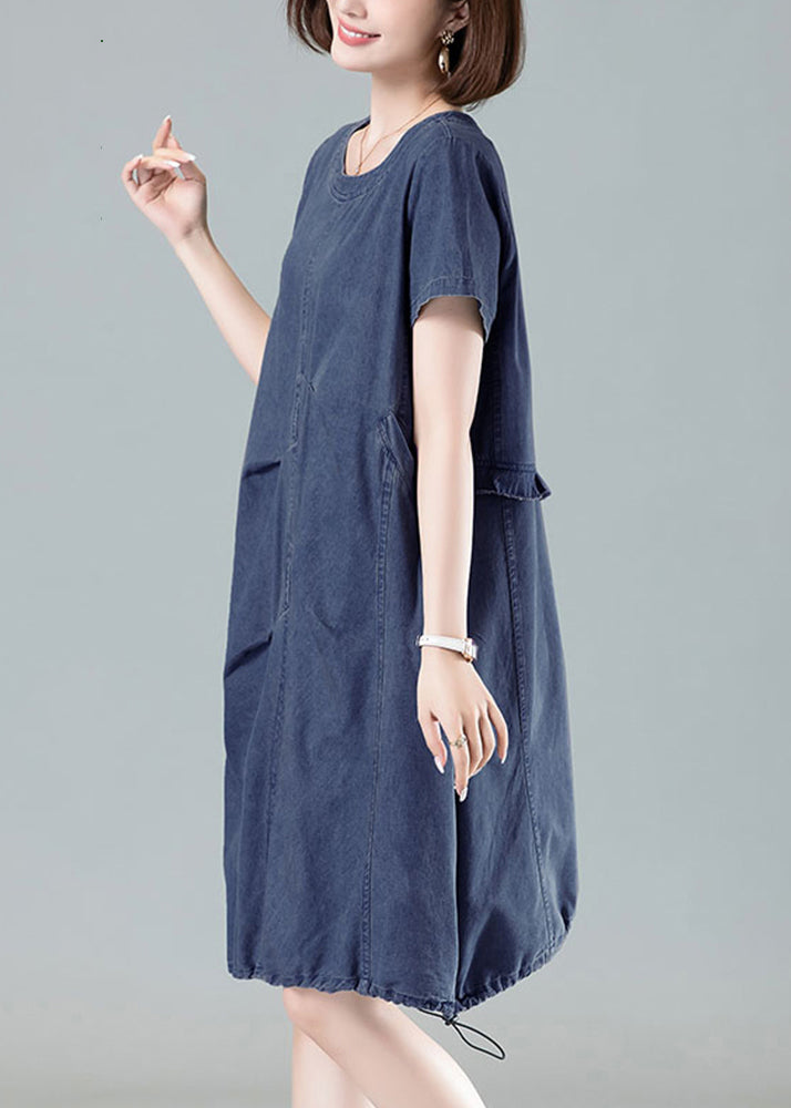 Women Navy Ruffled Drawstring Denim Dresses Summer