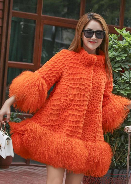 Women Orange Fluffy Patchwork Wool Coat Winter