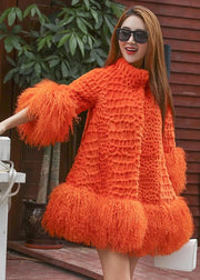 Women Orange Fluffy Patchwork Wool Coat Winter