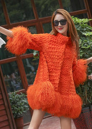 Women Orange Fluffy Patchwork Wool Coat Winter