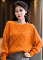 Women Orange O Neck Patchwork Cozy Cotton Knit Sweaters Winter