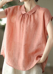 Women Orange Peter Pan Collar Patchwork Linen Blouses Summer