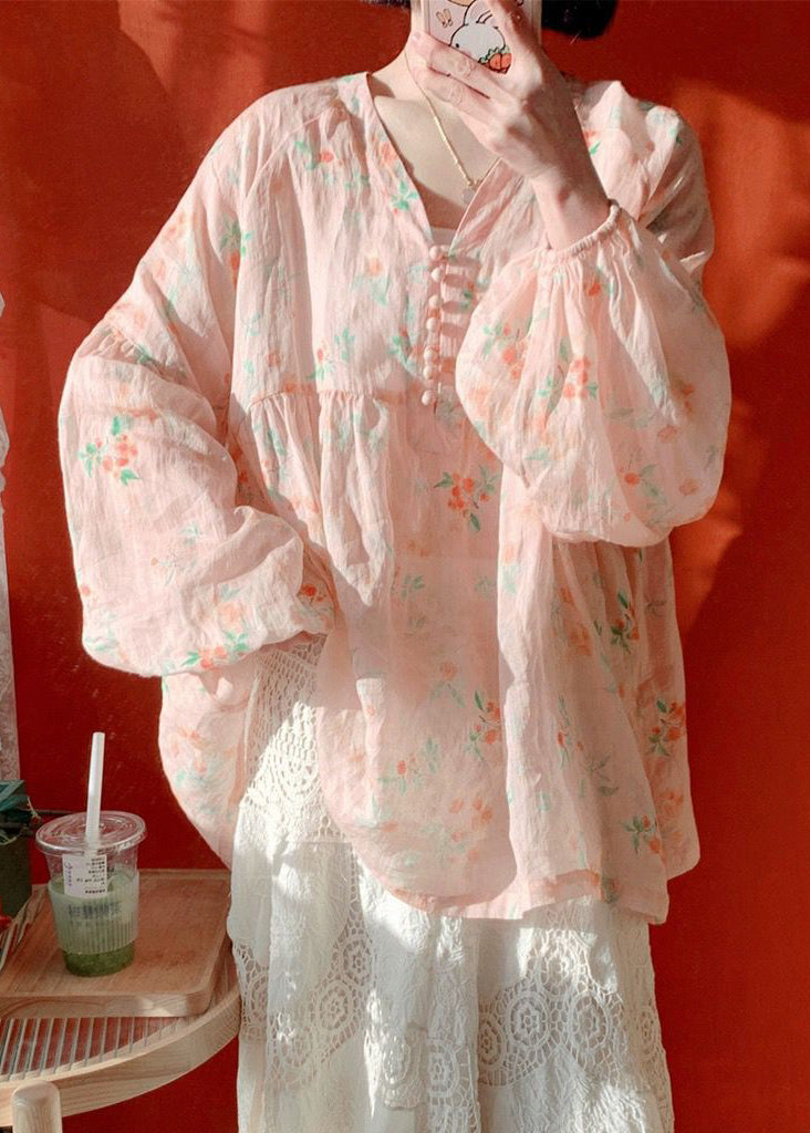 Women Pink Button Print Cotton Blouse Lantern Sleeve