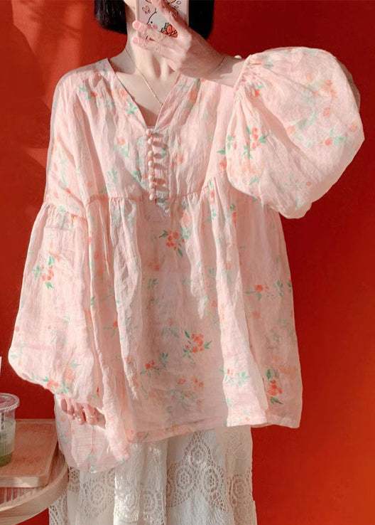 Women Pink Button Print Cotton Blouse Lantern Sleeve