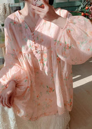 Women Pink Button Print Cotton Blouse Lantern Sleeve