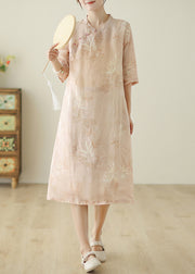 Women Pink Print Pockets Cotton Dress Half Sleeve