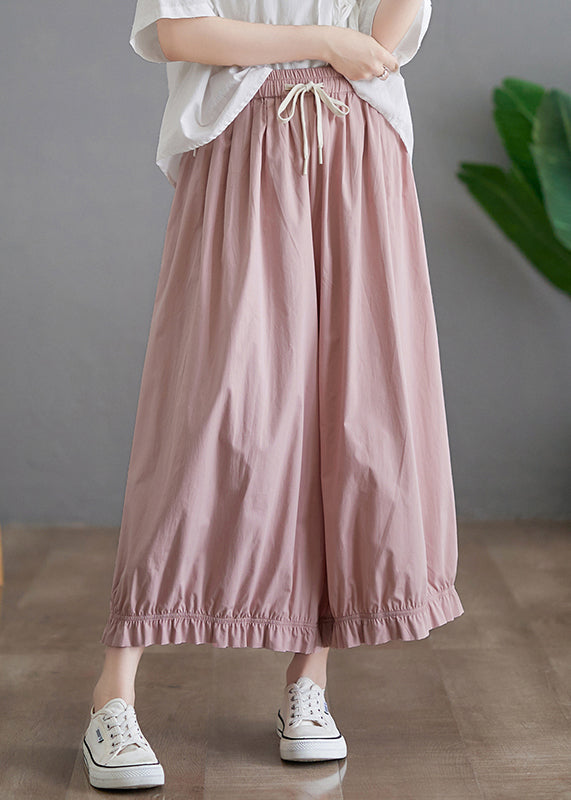 Women Pink Ruffled Pockets Elastic Waist Cotton Pants Skirt Fall