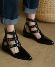 Women Pointed Toe Zippered Splicing Chunky Sandals Black Cowhide Leather