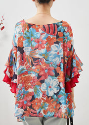 Women Print Patchwork Ruffles Chiffon Blouses Spring