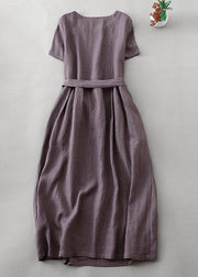 Women Purple O Neck Tie Waist Pockets Linen Long Dress Summer