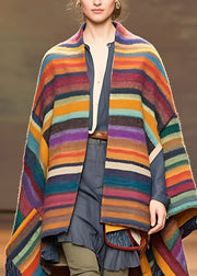 Women Rainbow Striped Low High Design Tassel Woolen Coats Long Sleeve