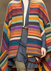 Women Rainbow Striped Low High Design Tassel Woolen Coats Long Sleeve