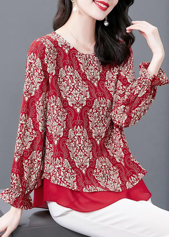 Women Red O Neck Print Patchwork Chiffon Blouses Flare Sleeve