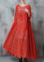 Women Red Oversized Hollow Out Cotton Holiday Dress Summer