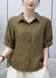 Women Red Peter Pan Collar Low High Design Silk Shirt Short Sleeve