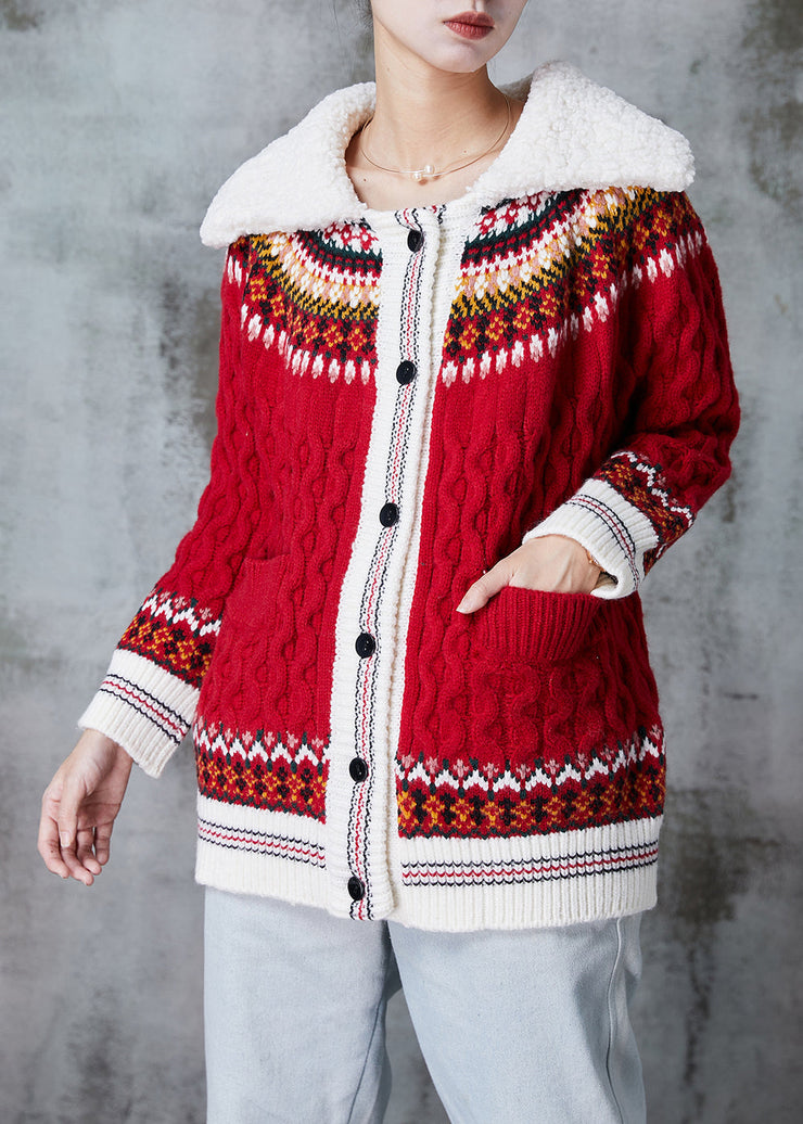 Women Red Peter Pan Collar Print Knit Cardigan Spring