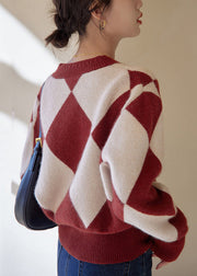 Women Red Plaid Button Patchwork Knit Sweaters Fall