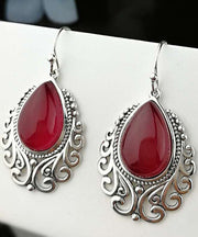 Women Red Sterling Silver Hollow Out Jade Water Drop Drop Earrings