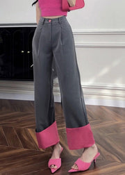 Women Rose Pockets Patchwork High Waist Straight Pants