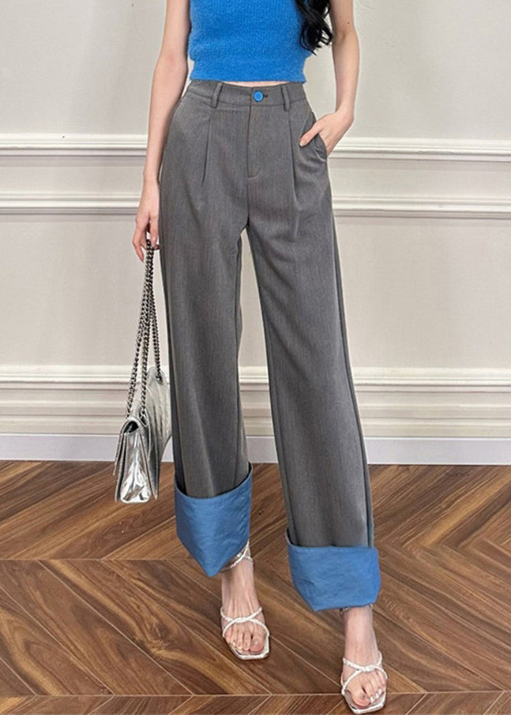 Women Rose Pockets Patchwork High Waist Straight Pants