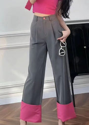 Women Rose Pockets Patchwork High Waist Straight Pants