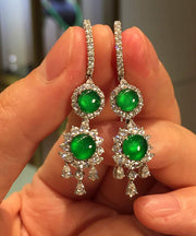 Women Sterling Silver Inlaid Zircon Jade Tassel Drop Earrings