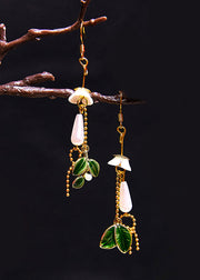 Women Water Droplet Pearl Green Leaf Drop Earrings