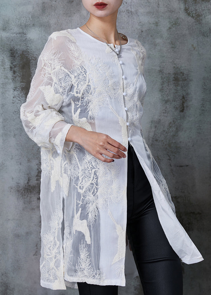 Women White Embroidered Chiffon UPF 50+ Long Shirt Summer