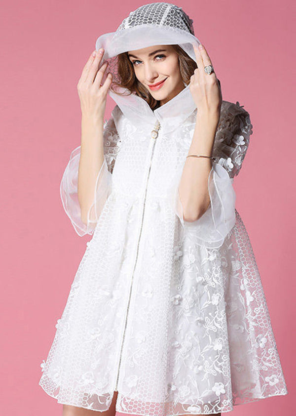 Women White Hooded Embroidered Tulle Mini Dresses Flare Sleeve