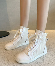 Women White Lace Up Splicing Cowhide Leather Flat Boots