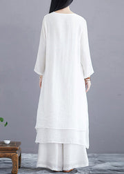 Women White O Neck Side Open Cotton Two Pieces Set Long Sleeve