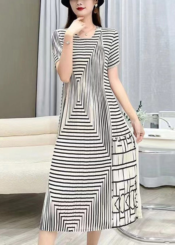 Women White O Neck Striped Wrinkled Silk Dresses Summer