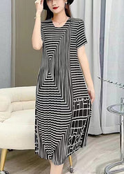 Women White O Neck Striped Wrinkled Silk Dresses Summer