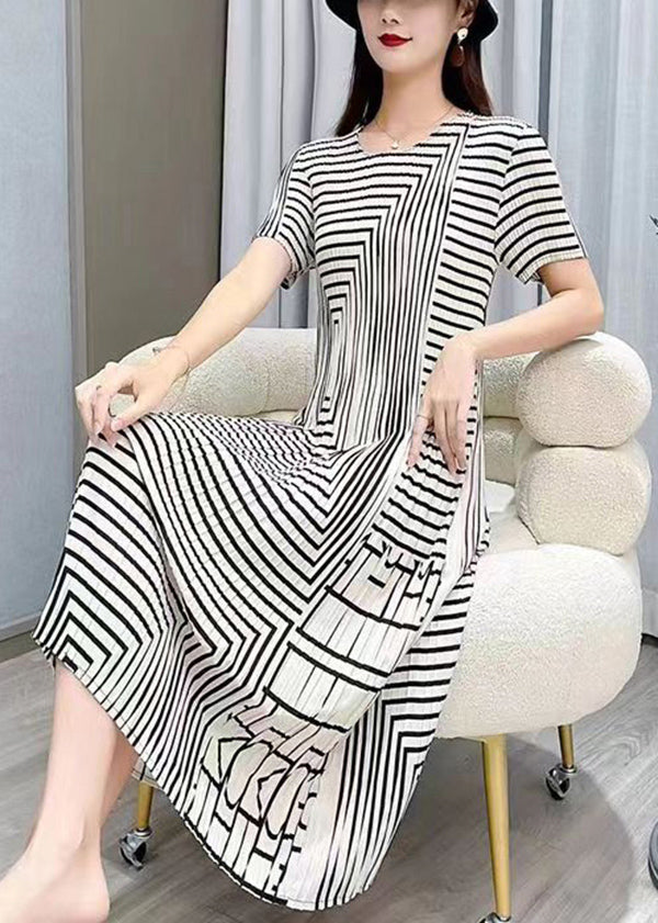 Women White O Neck Striped Wrinkled Silk Dresses Summer