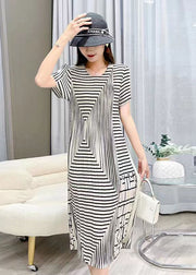 Women White O Neck Striped Wrinkled Silk Dresses Summer