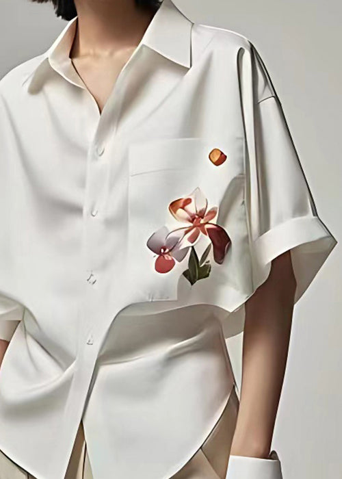 Women White Peter Pan Collar Button Print Cotton Shirt Summer