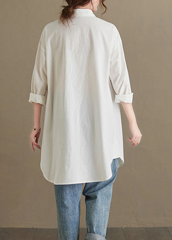 Women White Peter Pan Collar Pockets Cotton Shirt Top Fall