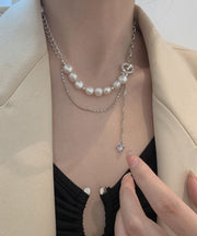 Women White Stainless Steel Pearl Bow Tassel Sweater Lariat Necklace