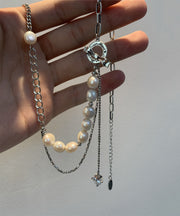 Women White Stainless Steel Pearl Bow Tassel Sweater Lariat Necklace